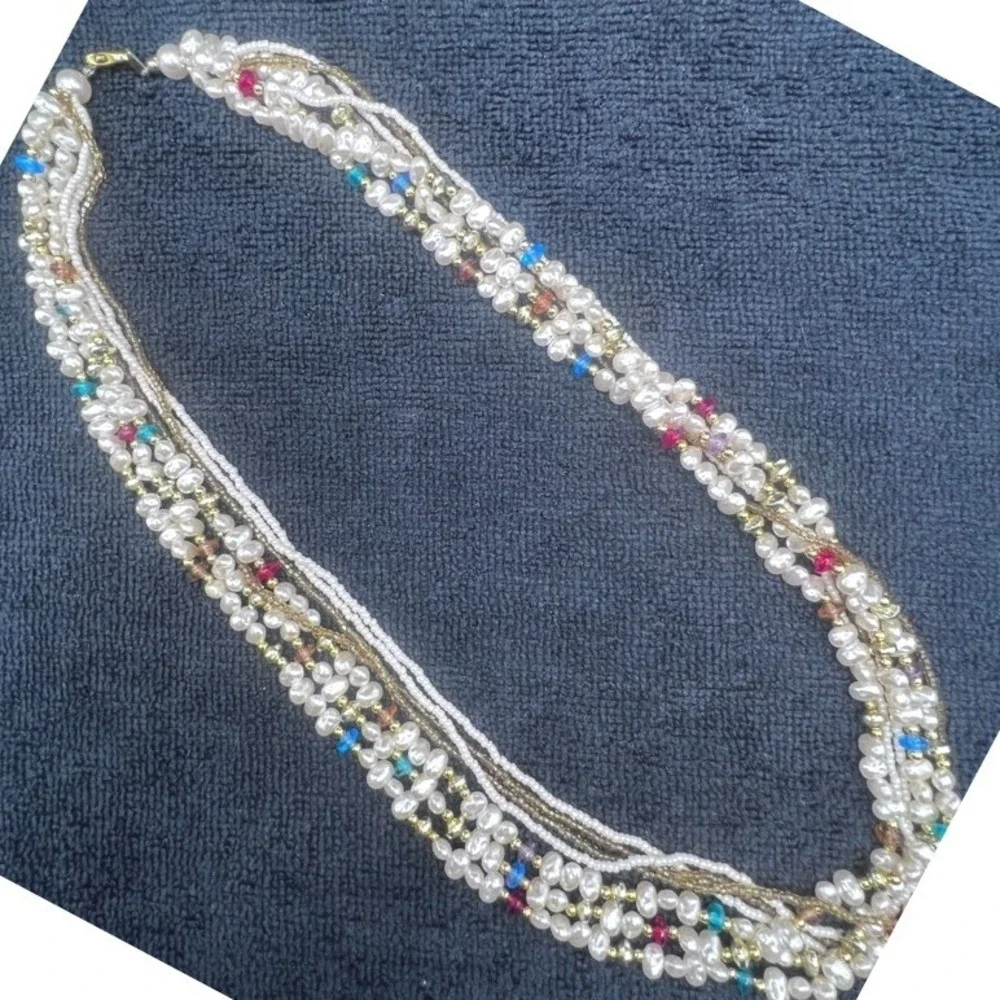 Vtg 7 Strand Necklace Faux Baroque and Seed Pearls Acrylic Gold Tone Accents 25